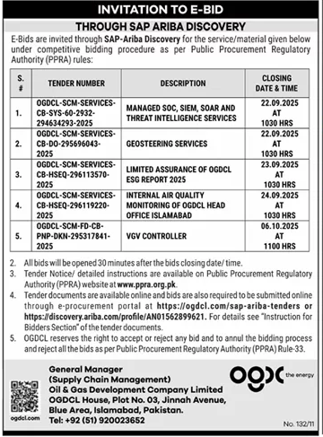 Oil & Gas Development Company Limited Islamabad Tender Notice